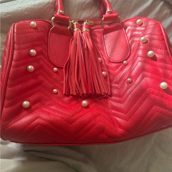Red Quilted Handbag with Pearl Accents - Picture 4 of 7
